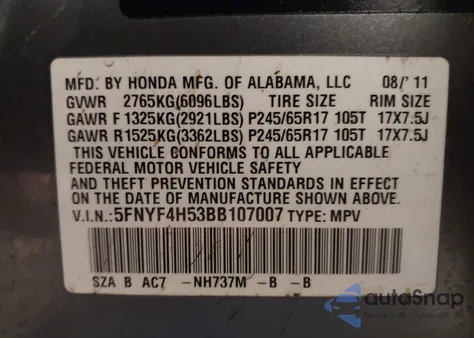 2011 Honda Pilot Ex-L from USA, damaged, VIN 5FNYF4H53BB107007